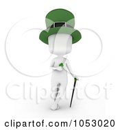 Poster, Art Print Of 3d Ivory White Man Leprechaun Holding A Clover And Leaning On A Cane