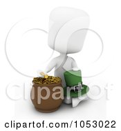 3d Ivory White Man Holding A Leprechaun Hat And Counting Gold