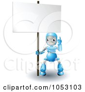 3d Blue Robot Pointing Up At A Blank Sign