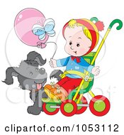 Royalty Free Vector Clip Art Illustration Of A Baby In A Stroller By A Dog With A Balloon