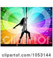 Royalty Free Vector Clip Art Illustration Of A Sexy Silhouetted Pole Dancer Against A Starry Rainbow Burst