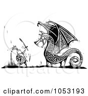 Royalty Free Vector Clipart Illustration Of A Black And White Woodcut Styled Knight Fighting A Dragon by xunantunich #COLLC1053193-0119