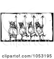 Royalty Free Vector Clipart Illustration Of A Black And White Woodcut Styled Line Of Vikings by xunantunich