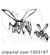 Royalty Free Vector Clipart Illustration Of Black And White Woodcut Styled Wasps