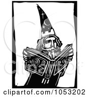 Black And White Woodcut Styled Wizard And Magic Book