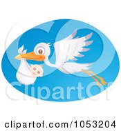 Poster, Art Print Of Stork In Flight With A Baby Over A Blue Oval