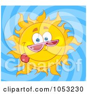 Royalty Free Vector Clip Art Illustration Of A Goofy Sun Wearing Shades And Sticking His Tongue Out In A Blue Swirl Sky
