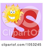 Poster, Art Print Of Grinning Sun With The Letter S Over Purple