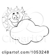 Royalty Free Vector Clip Art Illustration Of An Outline Of A Happy Sun Smiling Behind A Cloud