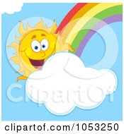 Poster, Art Print Of Happy Sun With A Cloud And Rainbow In A Blue Sky