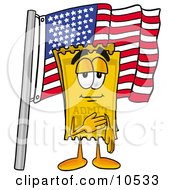 Yellow Admission Ticket Mascot Cartoon Character Pledging Allegiance To An American Flag