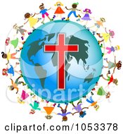 Poster, Art Print Of Christian Kids Holding Hands Around A Globe With A Cross