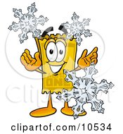 Yellow Admission Ticket Mascot Cartoon Character With Three Snowflakes In Winter