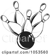 Royalty Free Clip Art Illustration Of A Black And White Bowling Ball And Five Pins