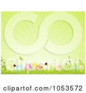 Royalty Free Vector Clip Art Illustration Of A Green Easter Background Of Butterflies Over Eggs In Grass