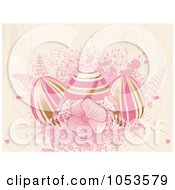 Royalty Free Vector Clip Art Illustration Of A Grungy Pink Easter Background Of Flowers Splatters And Eggs