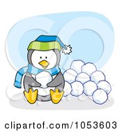 Cartoon Penguin Sitting With Snow Balls