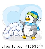 Cartoon Penguin Standing By Snow Balls