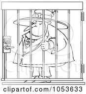 Royalty Free Vector Clip Art Illustration Of A Black And White Outline Of A Jailed Leprechaun by djart