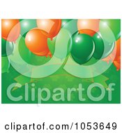 Royalty Free Vector Clip Art Illustration Of A Green Party Background Of St Patricks Day Balloons And A Blank Banner Over Shamrocks