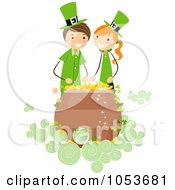 Poster, Art Print Of St Patricks Day Stick Girl And Boy Over A Pot Of Gold