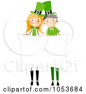 Royalty Free Vector Clip Art Illustration Of A St Patricks Day Stick Boy And Girl Holding A Blank Sign