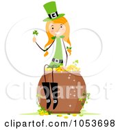 Royalty Free Vector Clip Art Illustration Of A St Patricks Day Stick Girl Sitting On A Pot Of Gold