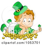 Royalty Free Vector Clip Art Illustration Of A Cute Leprechaun Toddler Laying In Gold And Holding A Clover