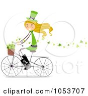 Royalty Free Vector Clip Art Illustration Of A St Patricks Day Stick Girl Riding A Bike With Clovers In Her Basket