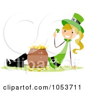 Royalty Free Vector Clip Art Illustration Of A St Patricks Day Stick Girl By A Pot Of Gold by BNP Design Studio