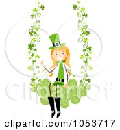 Royalty Free Vector Clip Art Illustration Of A St Patricks Day Stick Girl Swinging On Clovers And Swirls