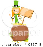Poster, Art Print Of St Patricks Day Stick Girl Holding A Sign Behind A Pot Of Gold