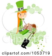 Royalty Free Vector Clip Art Illustration Of A St Patricks Day Stick Girl Pouring Clovers From A Cloud