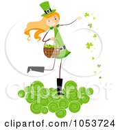 Royalty Free Vector Clip Art Illustration Of A St Patricks Day Stick Girl On A Cloud Tossing Clovers