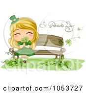 Poster, Art Print Of Cute St Patricks Day Girl Smelling Shamrocks On A Bench