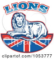 Royalty Free Vector Clip Art Illustration Of A British Lion On A Union Jack Flag