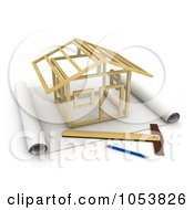 Poster, Art Print Of 3d House Being Constructed On Blueprints
