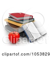 Poster, Art Print Of 3d Apple By A Stack Of And An Open Book