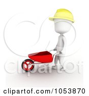 Poster, Art Print Of 3d Ivory White Man Construction Worker Pushing A Wheel Barrow