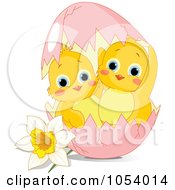 Two Cute Chicks In A Pink Easter Egg By A Daffodil