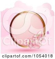 Poster, Art Print Of Gold Circle Frame With Easter Eggs And Flowers Over Pink Clouds