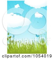 Poster, Art Print Of Vertical Spring Background With Puffy Clouds Birds Butterflies Plants And Rays