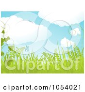Poster, Art Print Of Horizontal Spring Background With Puffy Clouds Birds Butterflies And Plants