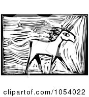 Royalty Free Vector Clip Art Illustration Of A Black And White Woodcut Styled Unicorn And Stars
