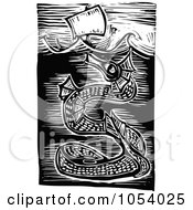 Poster, Art Print Of Black And White Woodcut Styled Sea Serpent Under A Ship