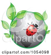 Poster, Art Print Of Ladybug On A Gray Globe With Dewy Leaves