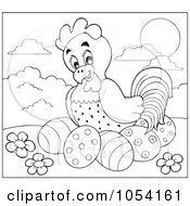 Royalty Free Vector Clip Art Illustration Of An Outloine Of A Hen Nesting On Easter Eggs