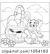 Poster, Art Print Of Coloring Page Outline Of A Bunny Leaning Against An Easter Basket