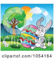 Royalty Free Vector Clip Art Illustration Of A Bunny Carrying An Easter Egg In A Landscape