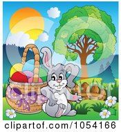Poster, Art Print Of Bunny Leaning Against An Easter Basket In A Landscape